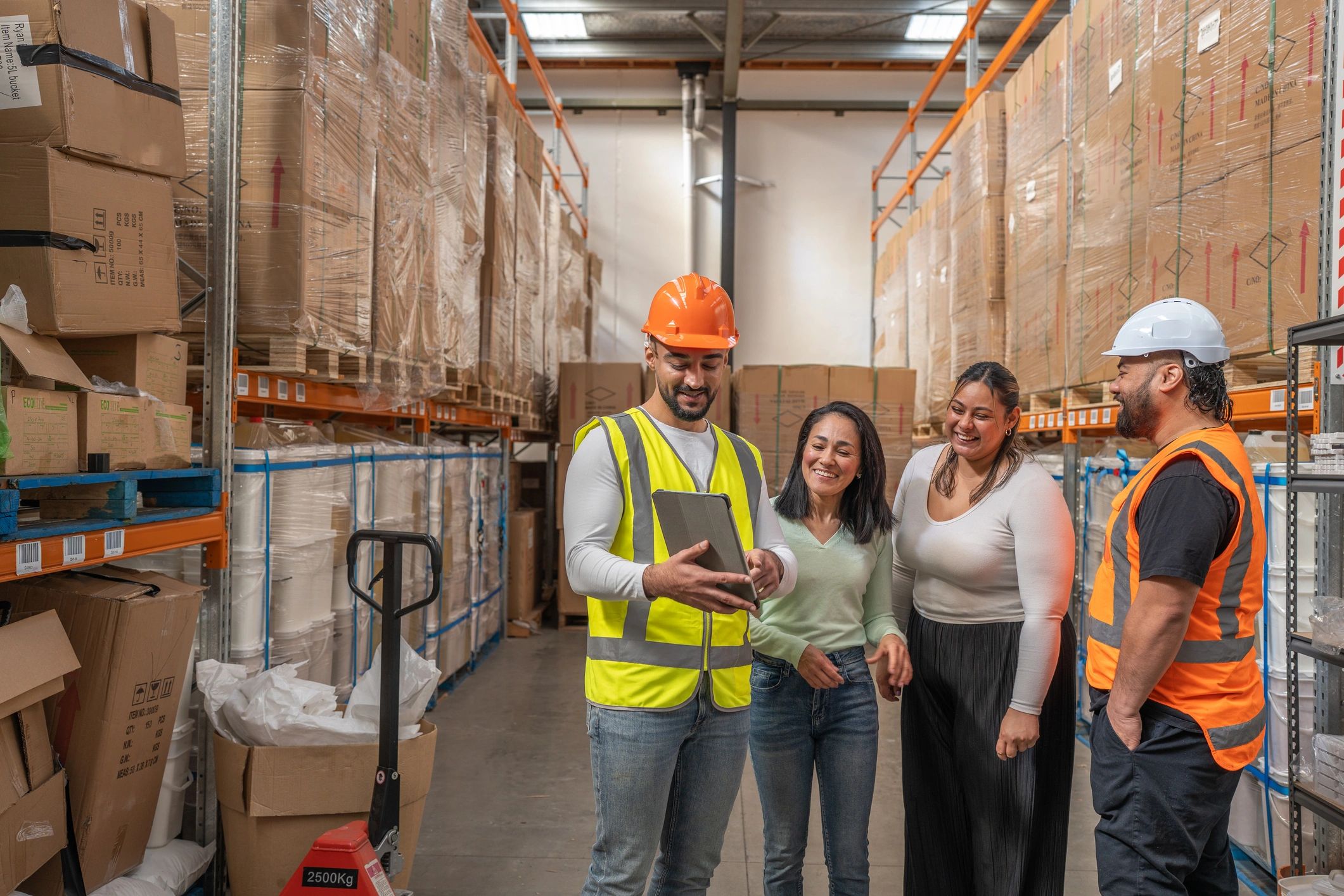 Professional warehouse team meeting